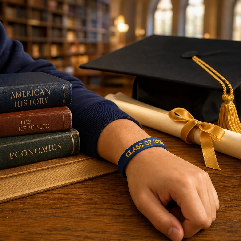 University graduation commemorative silicone wristband styled with cap and diploma