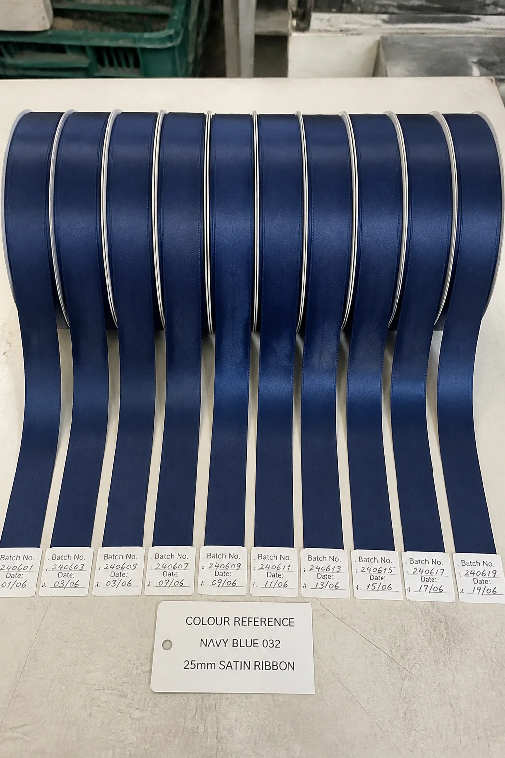 Documentary factory photo multiple ribbon rolls different production batches arranged side by side flat surface all same deep navy blue colour all same width 25mm satin produced at different times colour consistency across rolls visually evident impressive colour reference number tag visible beside rolls image illustrates successful dye batch colour standardisation ribbon manufacturing natural overhead factory light factual quality documentation