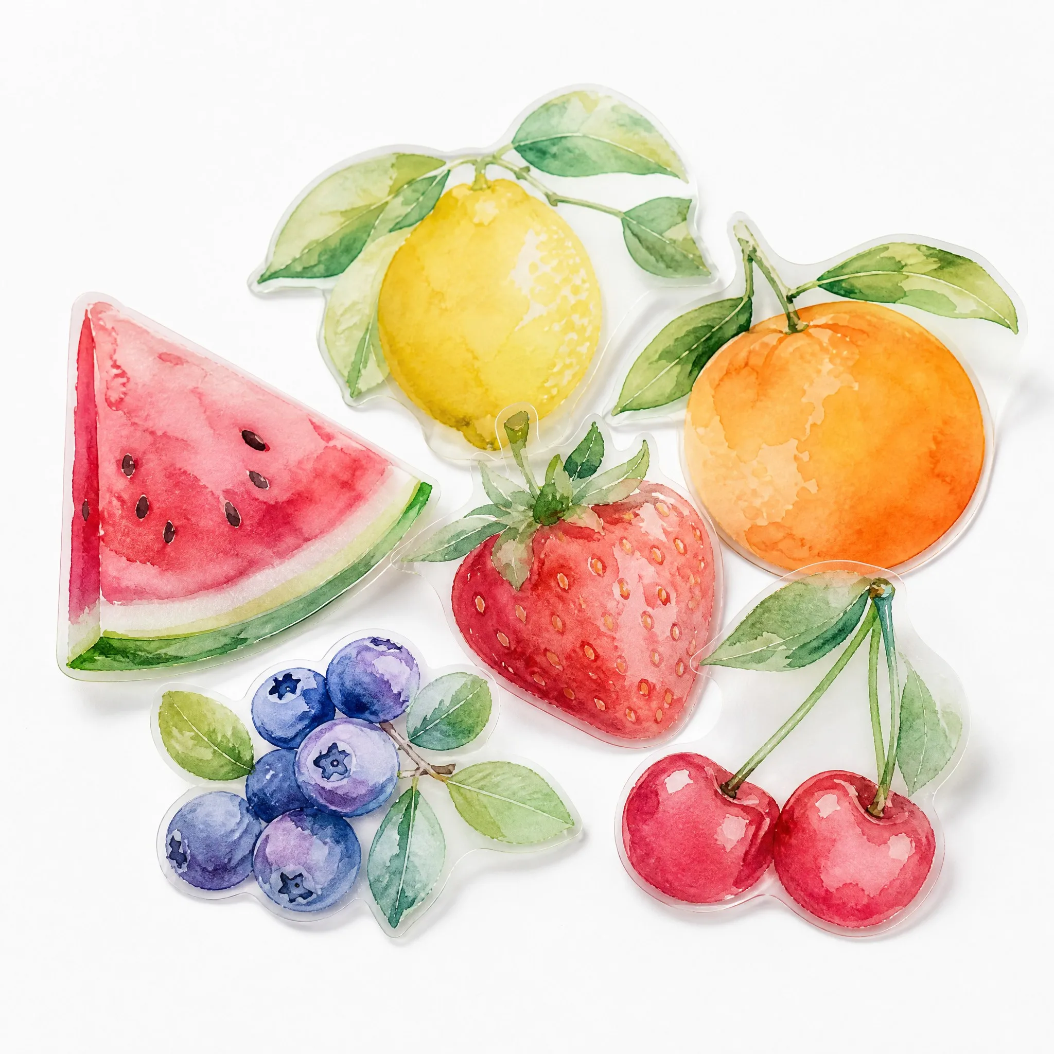 Custom clear sticker set - six watercolor fruit designs on transparent film