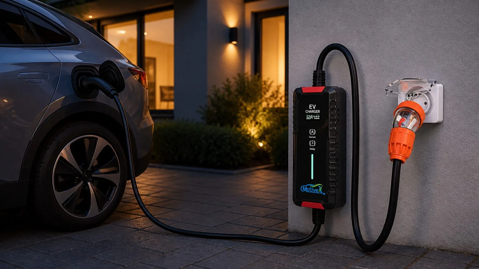 MotiveX portable EV charger connected with an orange industrial plug and matching weather-protected industrial socket beside an electric vehicle