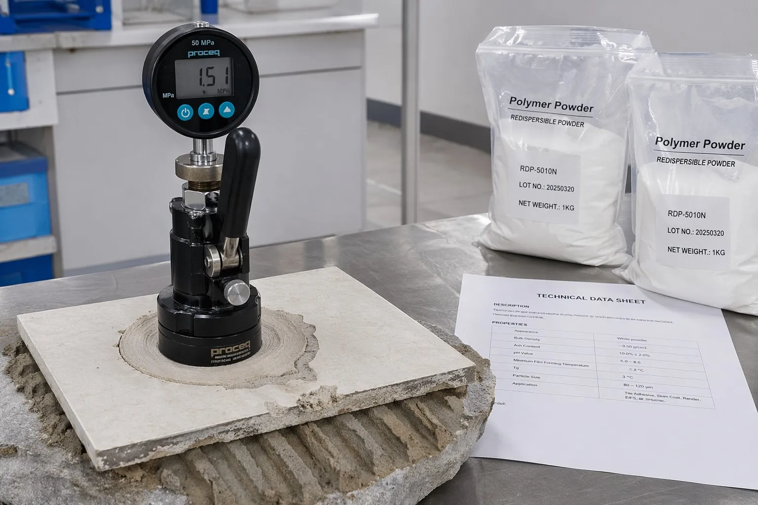 Pull-off adhesion test demonstrating HPMC-enhanced tile adhesive bond strength