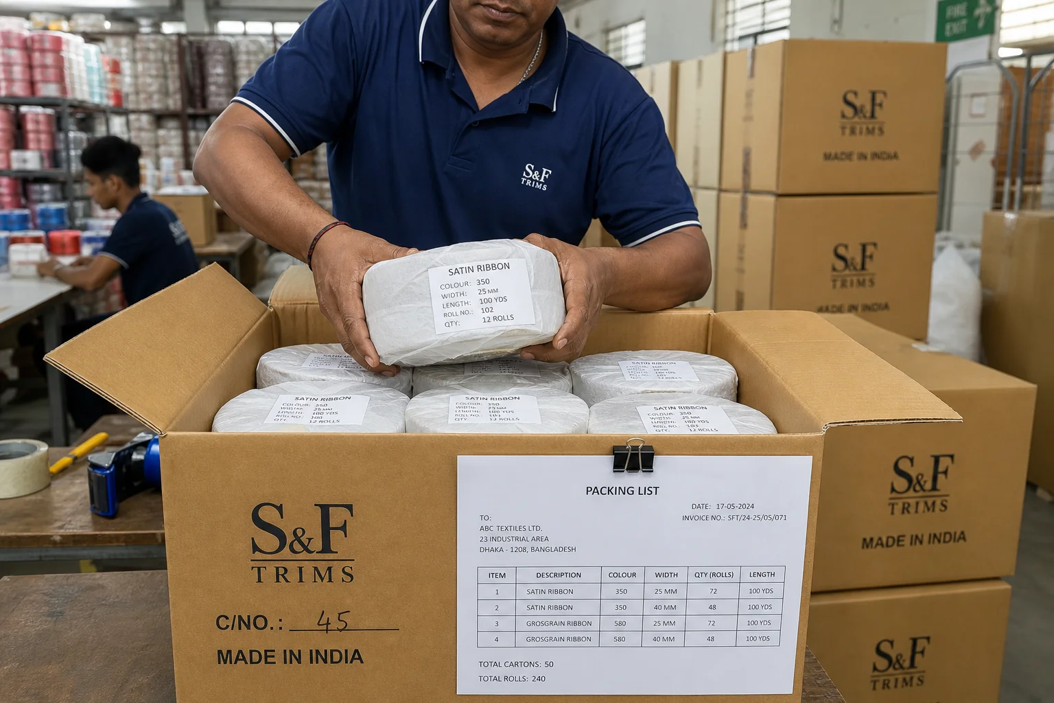 Ribbon rolls being packed into export cartons with packing list documentation