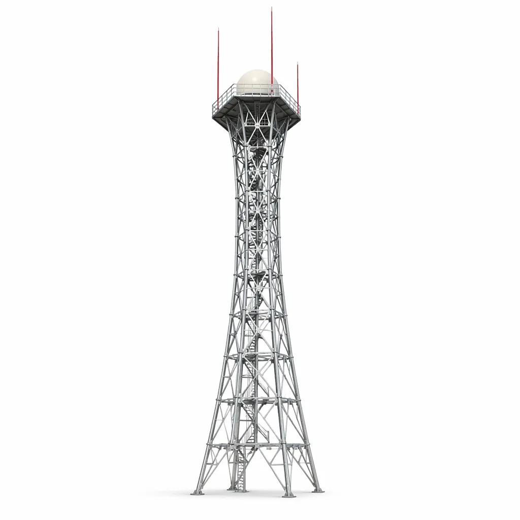 Silver-gray lattice radar tower with elevated platform and white radome