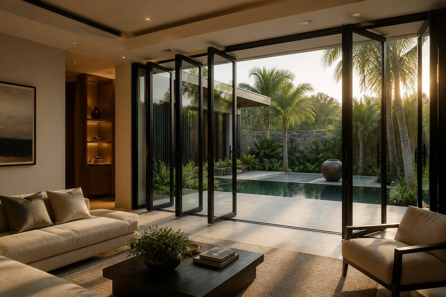 Luxury villa living room with aluminum glass folding doors partially open tropical garden pool