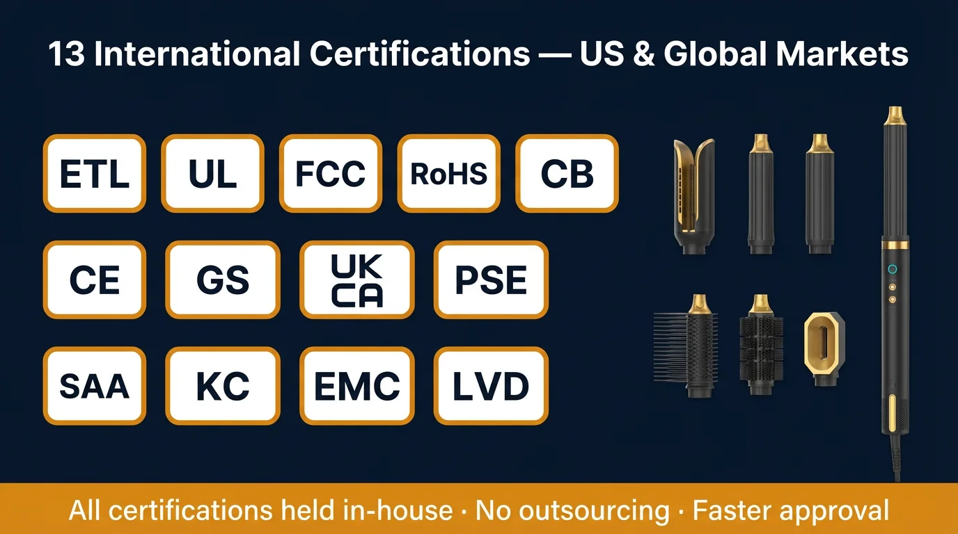 Mesky 13 international certifications ETL UL FCC CE GS UKCA PSE SAA KC for hot air brush