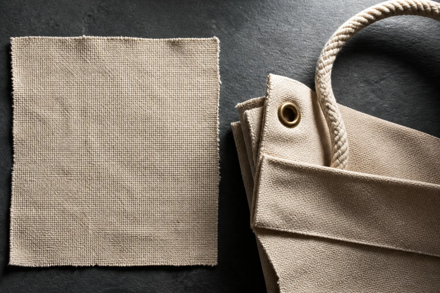 Cotton canvas fabric swatch - heavy woven texture in cream and tan