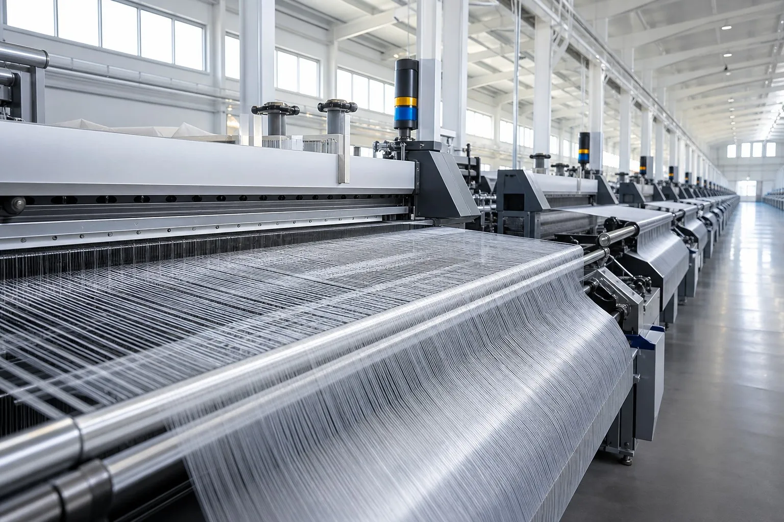 Bright modern weaving workshop with rows of looms and parallel warp yarns