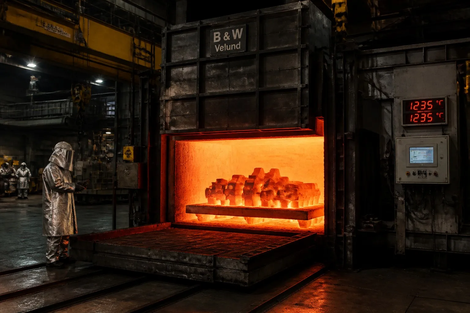 Industrial heat treatment furnace with castings inside