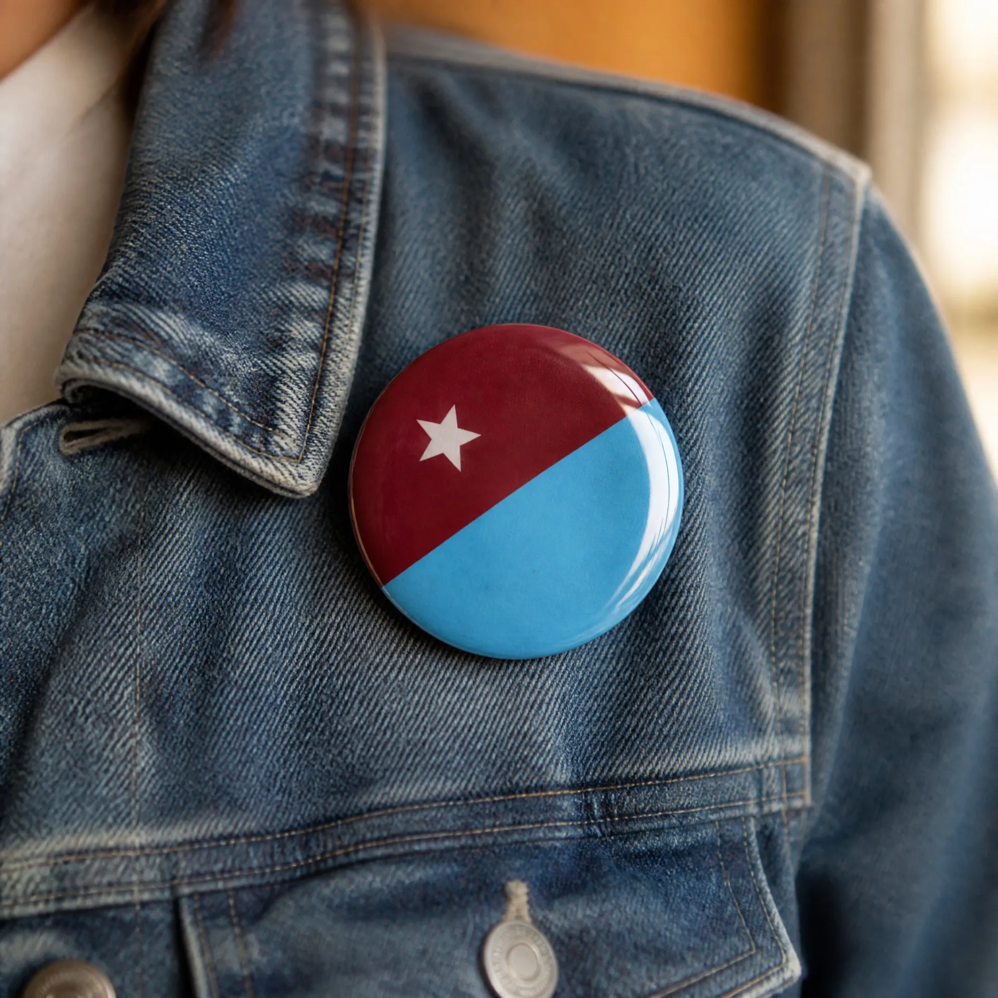 Magnetic button badge worn on denim jacket