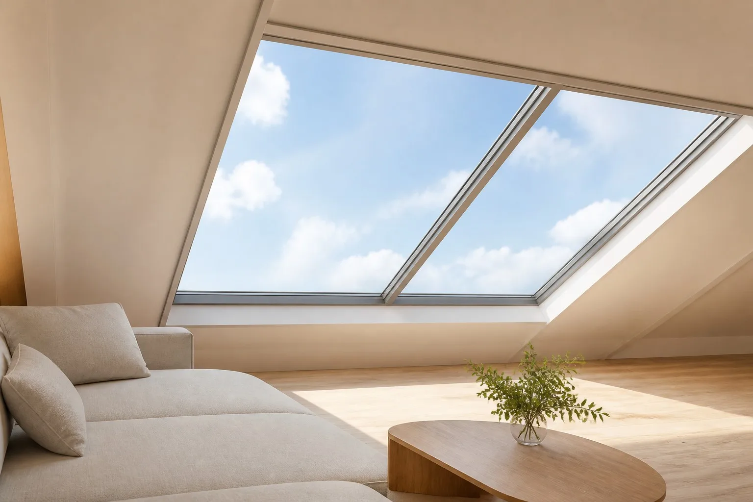 Modern living room with large aluminum glass skylight in a pitched roof bringing daylight indoors