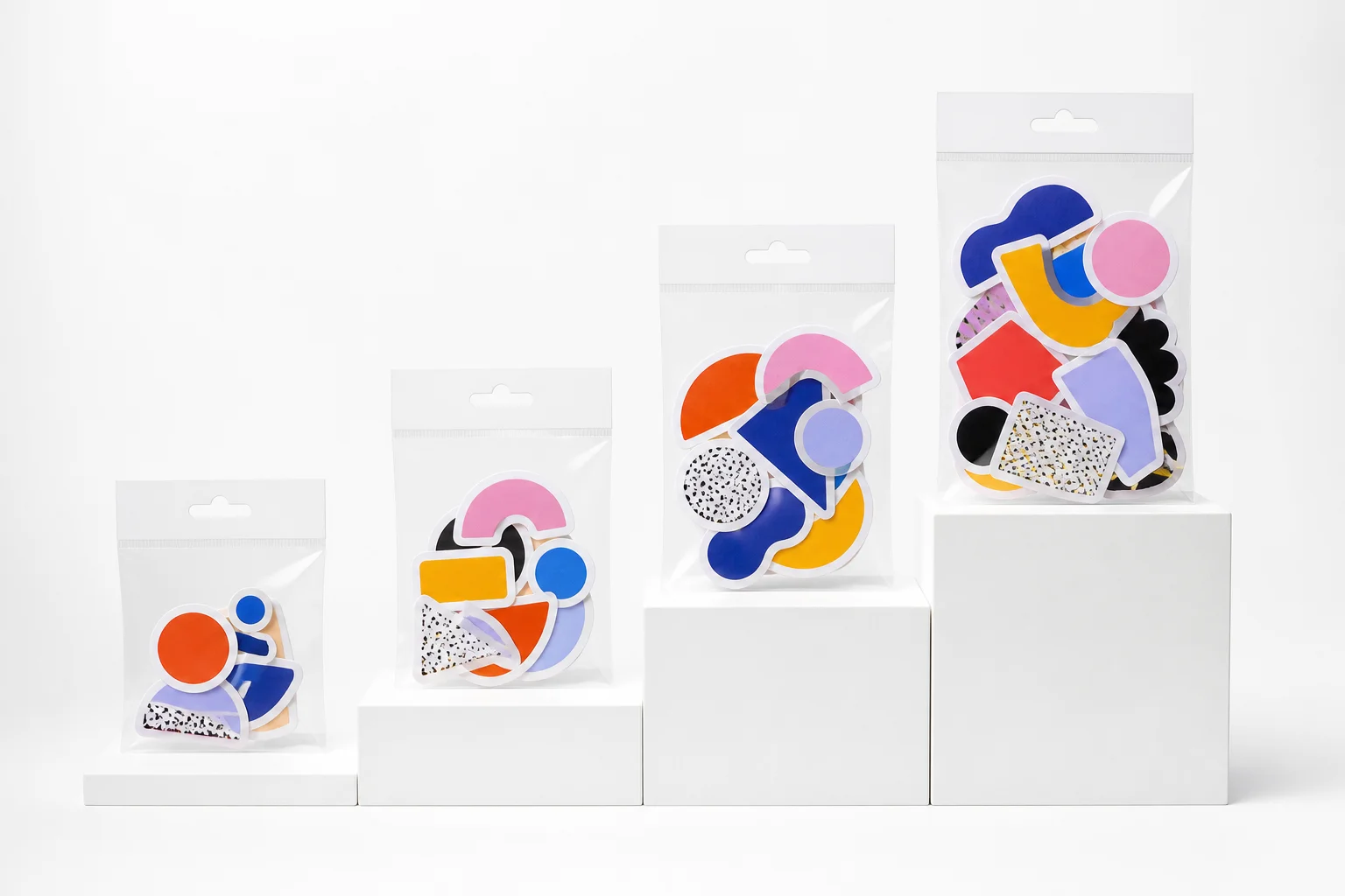 Sticker pack pricing ladder four pack sizes on ascending risers