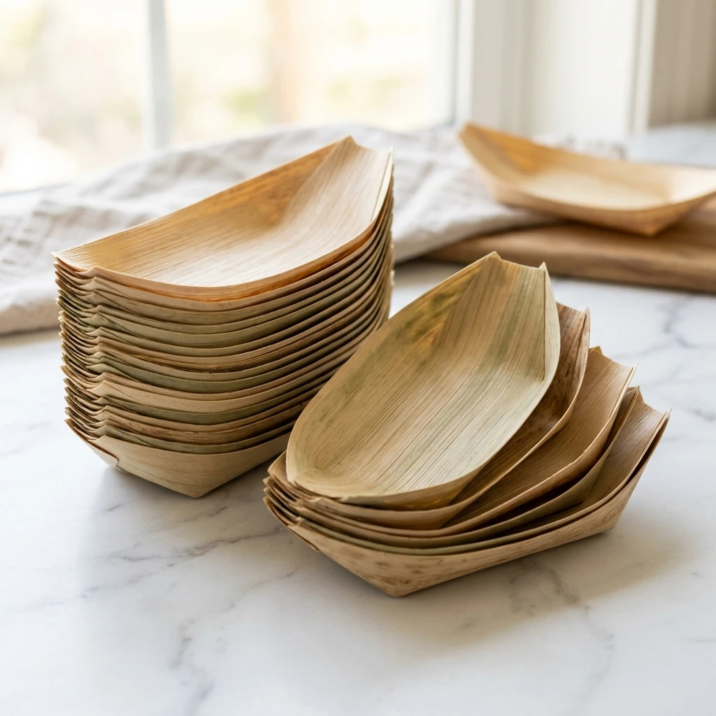 Natural bamboo leaf food boats stacked and fanned out on marble surface showing boat shape and leaf texture
