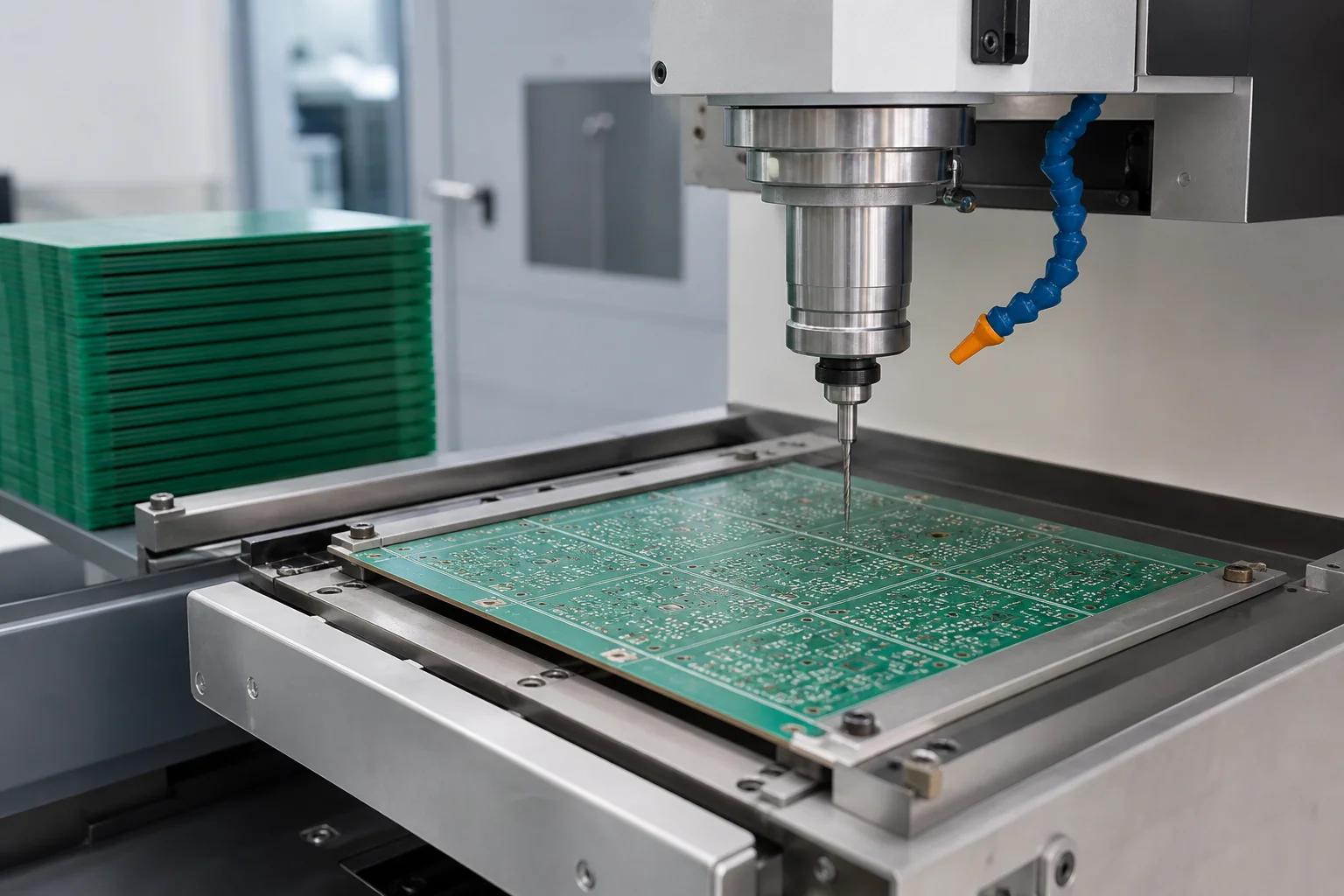 CNC drilling machine machining a PCB panel