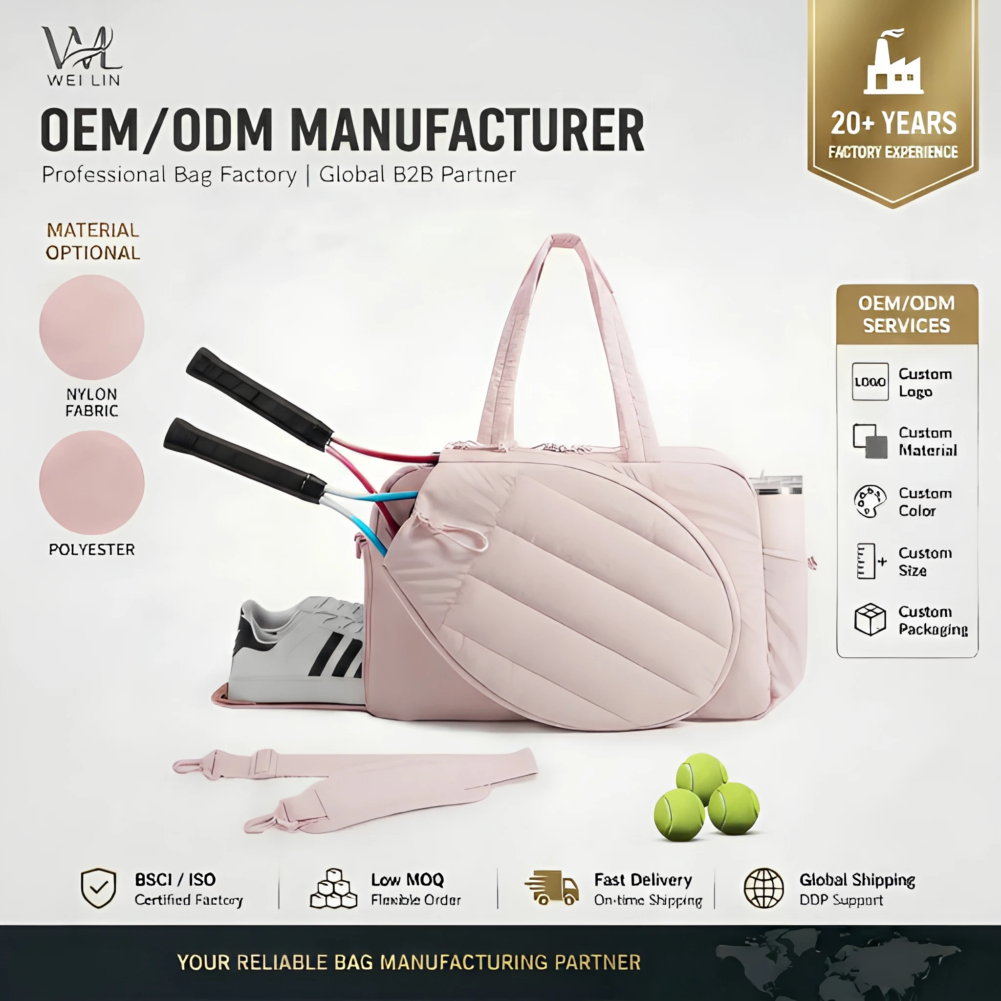 Nylon Outdoor Multi-Function Sports Fitness Bag for Tennis Pickleball and Badminton with Portable Shoe Compartment