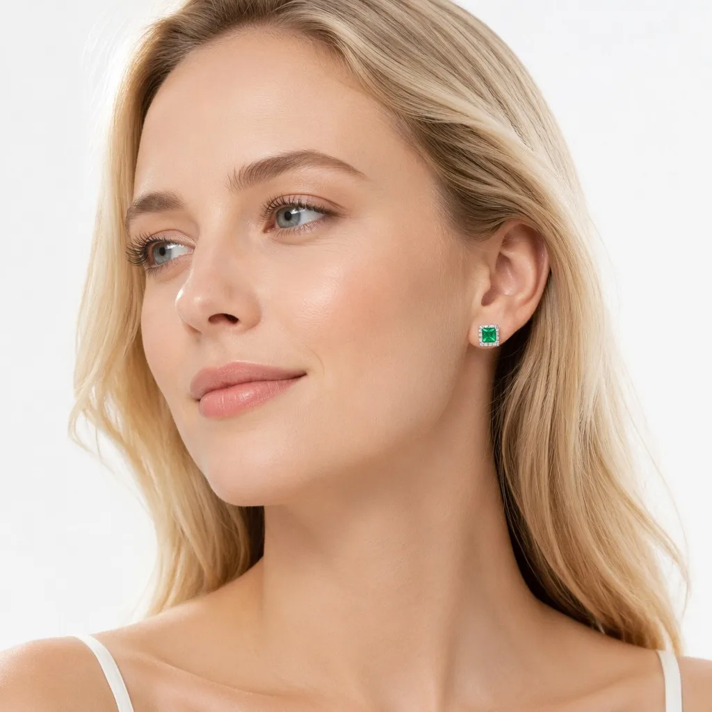 925 Sterling Silver Square Emerald Stud Earrings Geometric Claw Set Certified Engagement Jewelry for Women Party Wedding Gift