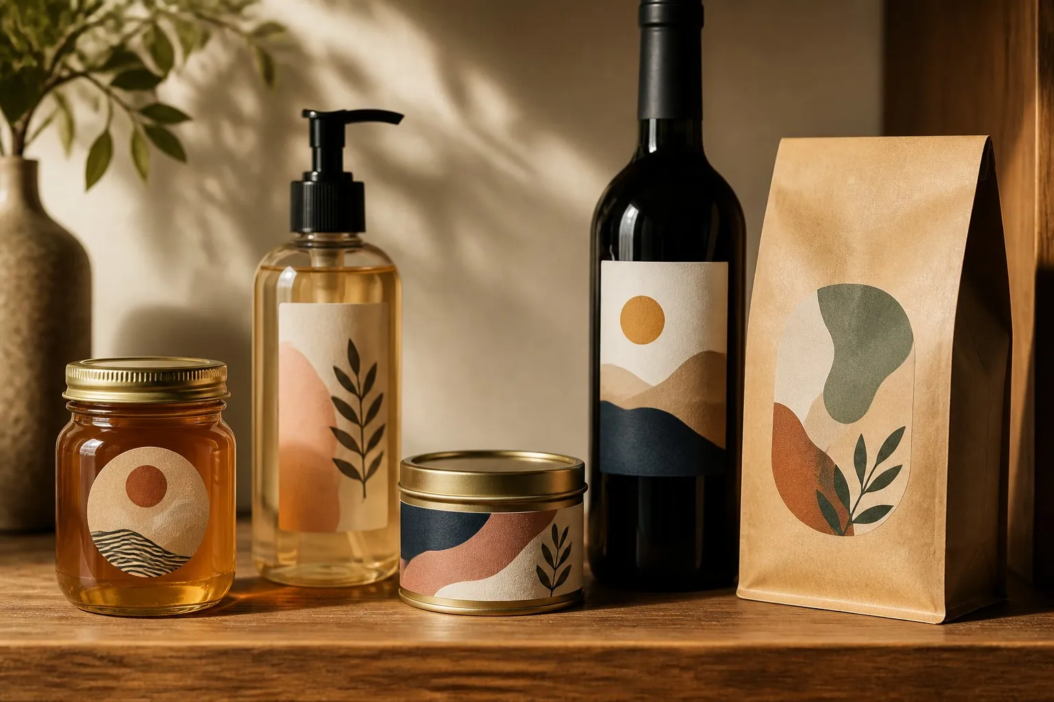 Custom labels on real products honey jar cosmetic bottle wine candle
