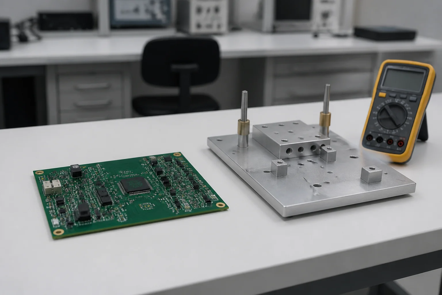 Functional test station with a PCB on the bench