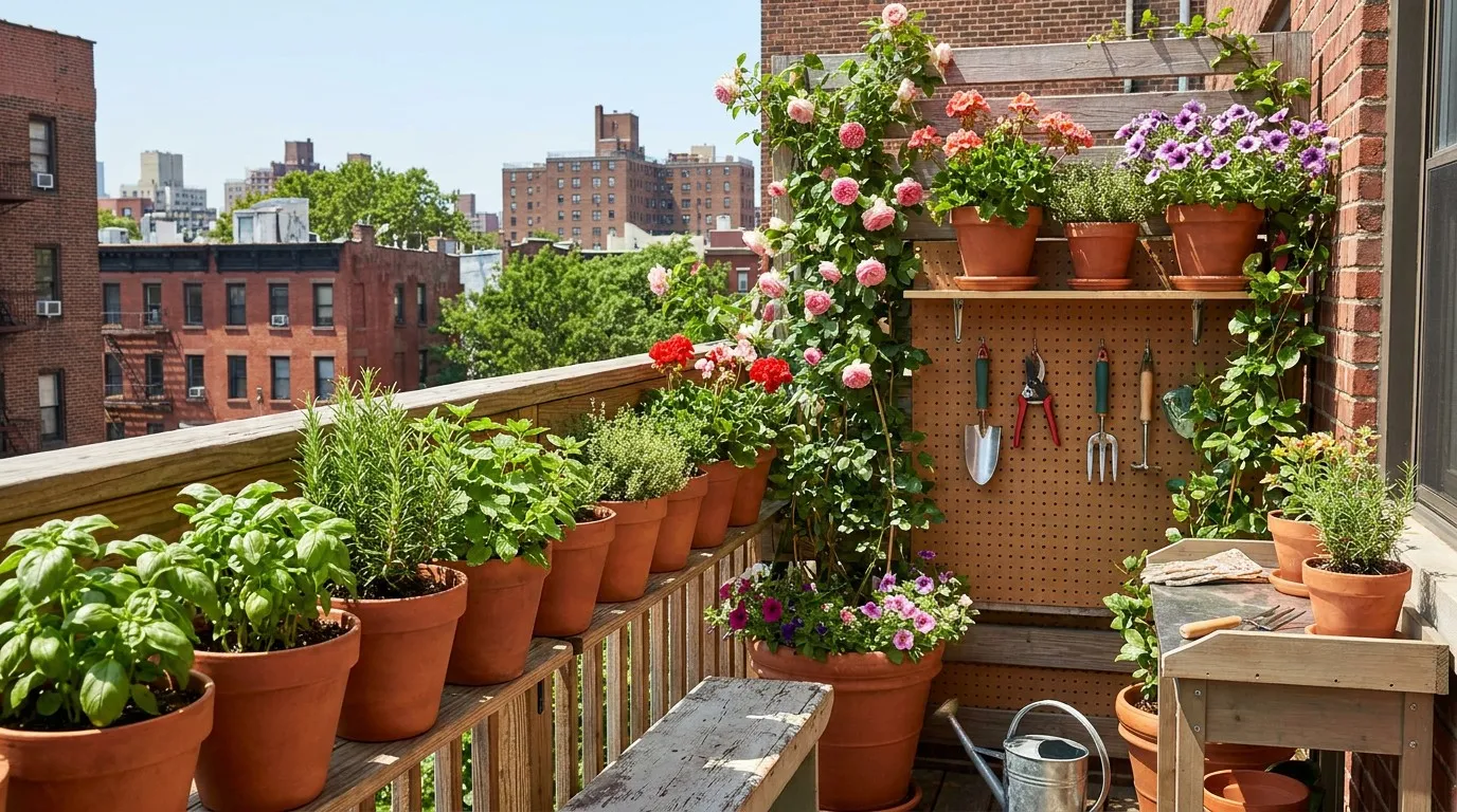 Beautiful balcony garden with potted herbs and compact tools