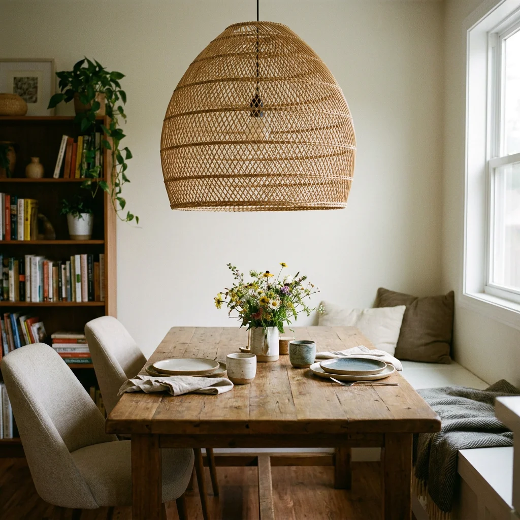Coin salle à manger chaleureux avec suspension en rotin et table en bois