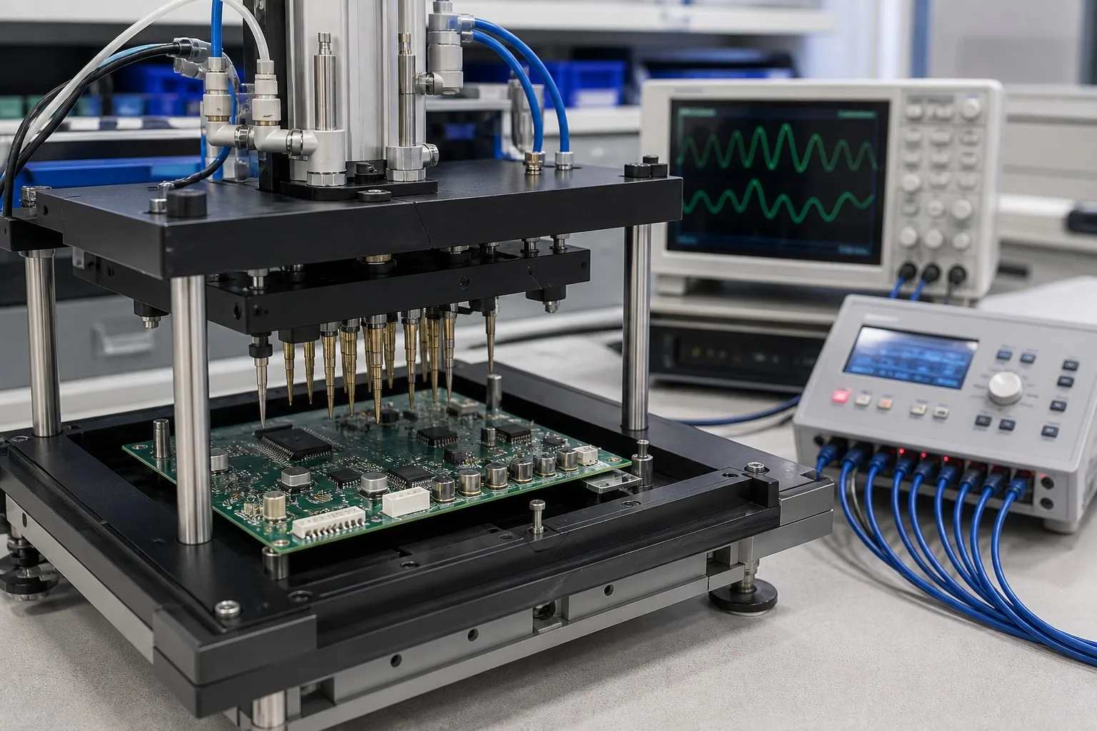 PCBA board in an ICT pogo-pin test fixture with bench testers