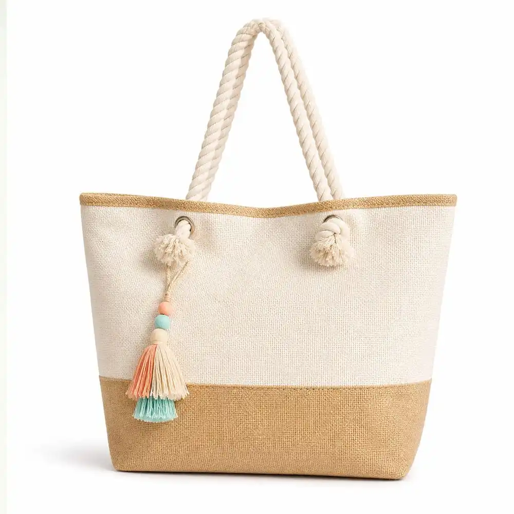 Jute and canvas tote with rope handles and tassel