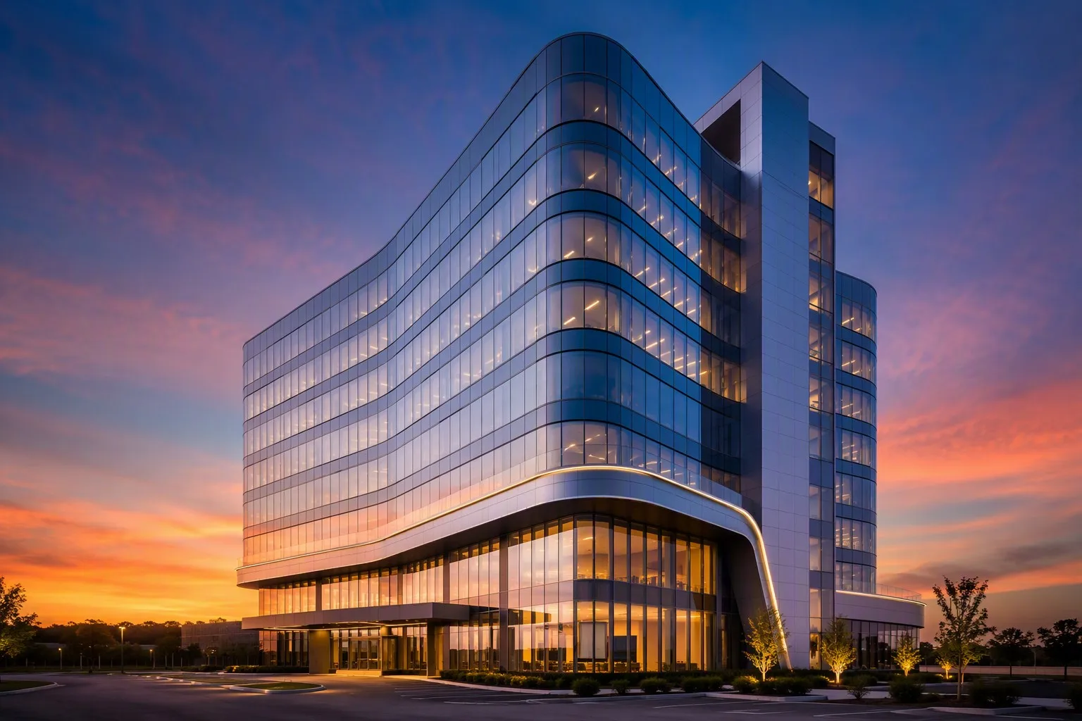 Modern commercial office tower with aluminum curtain wall facade reflective glass twilight