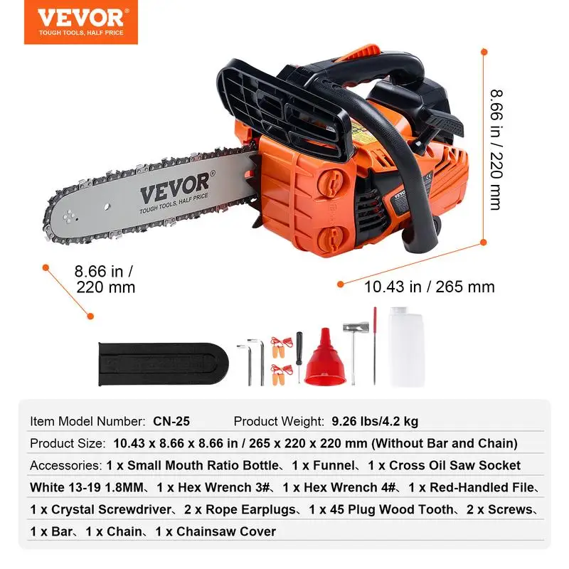 VEVOR CN-25 Chainsaw dimensions and accessories