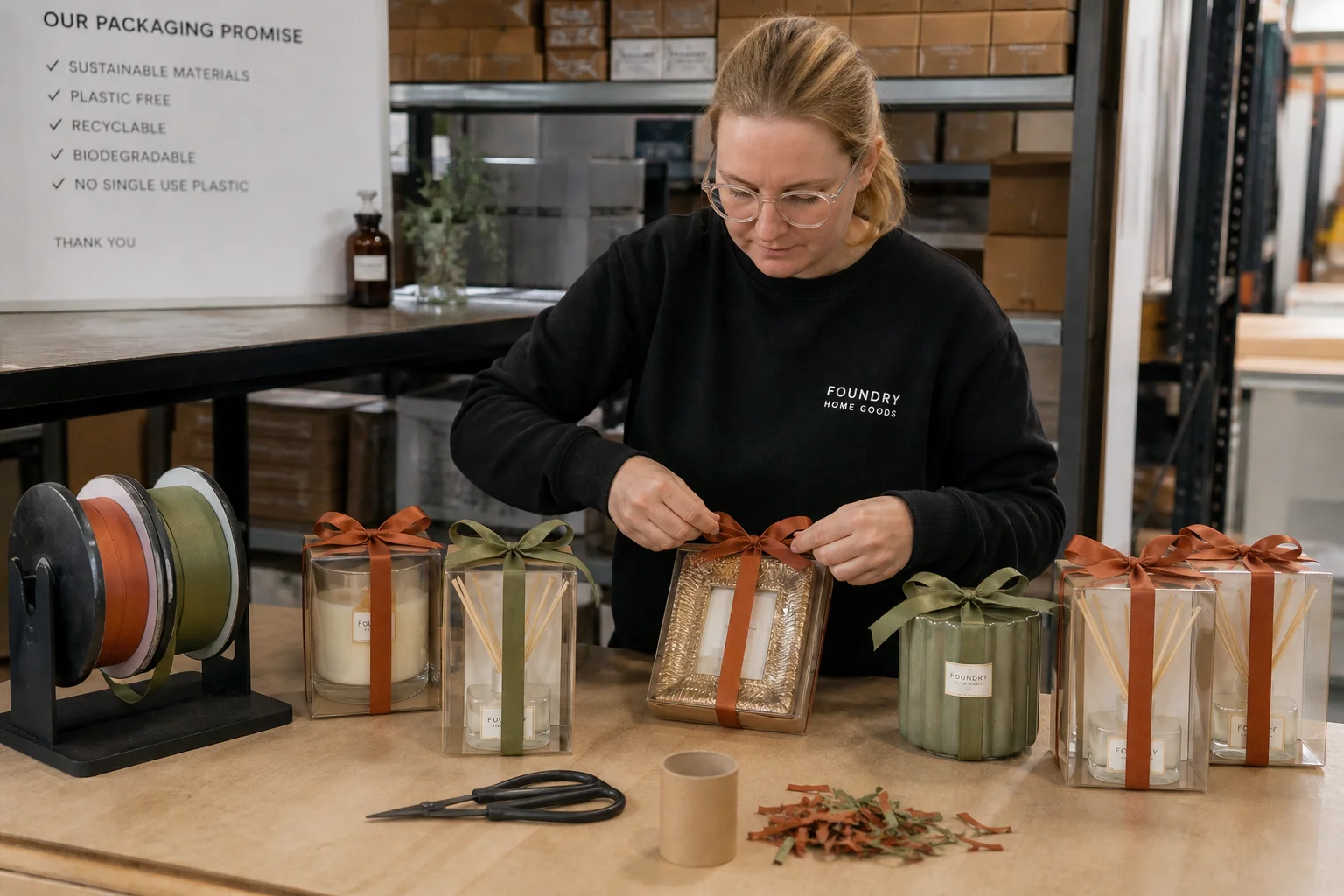 Home décor brand packaging station with efficient ribbon use and minimal waste