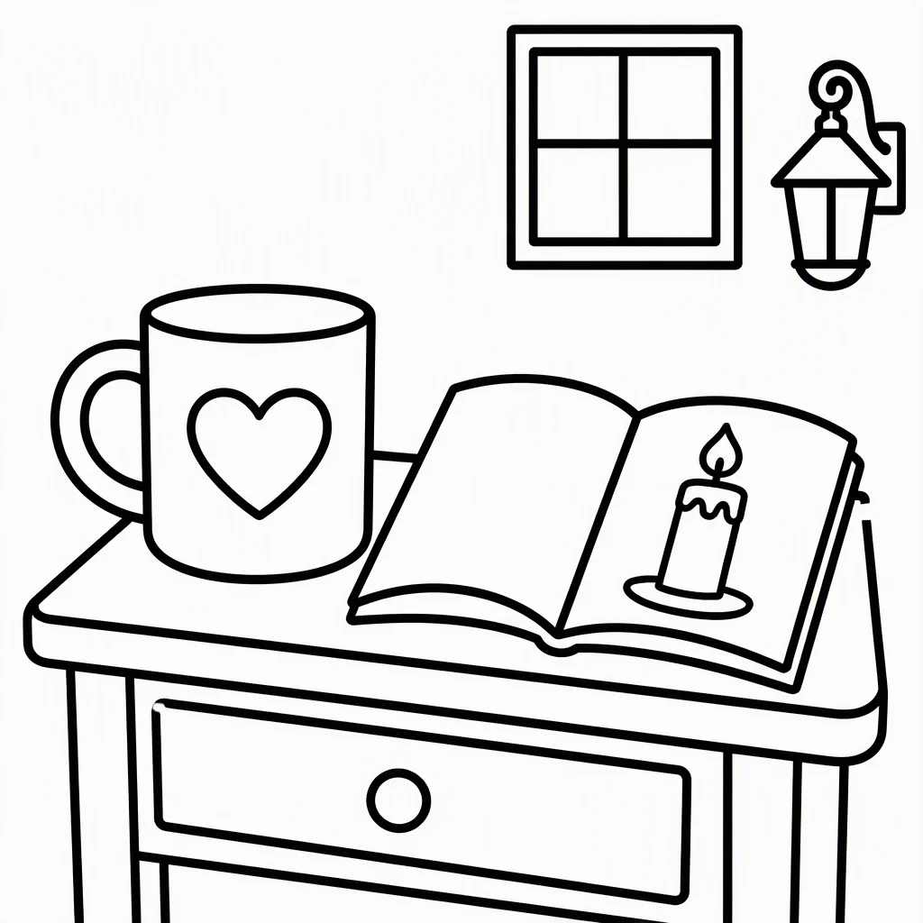 Bold & Easy line art of a quiet Christmas Eve bedside table with a steaming heart mug, open coloring book, and a corner window