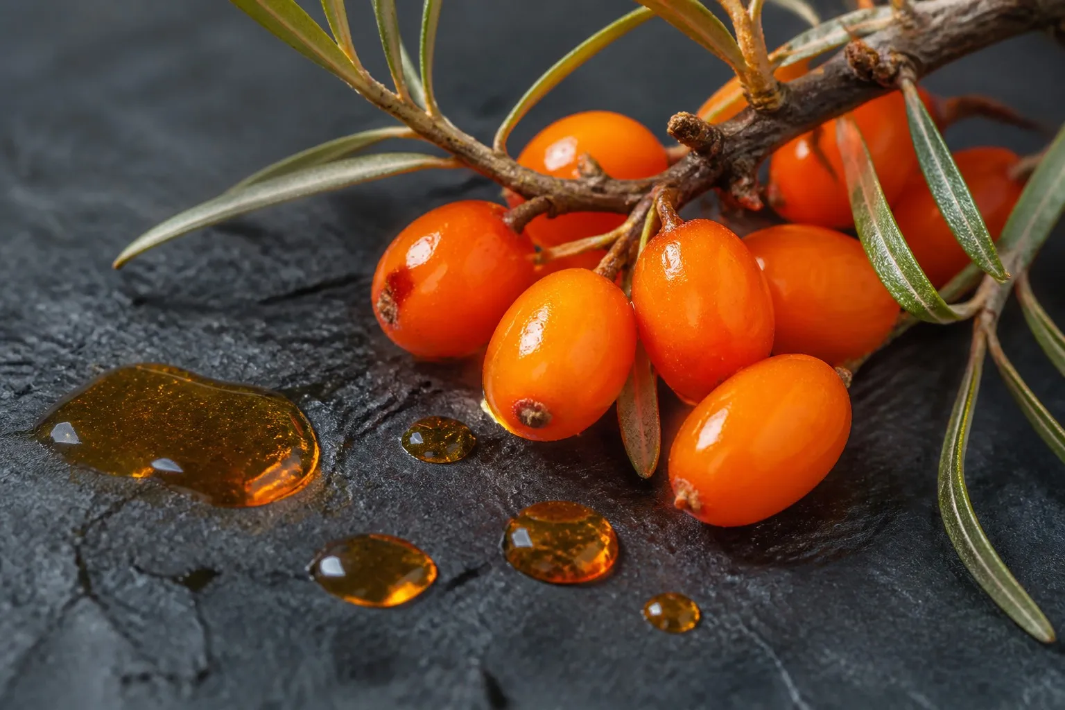 Ultra-realistic macro shot of wild sea buckthorn berries and glowing amber oil Ultra-realistic macro shot of wild sea buckthorn berries and glowing amber oil