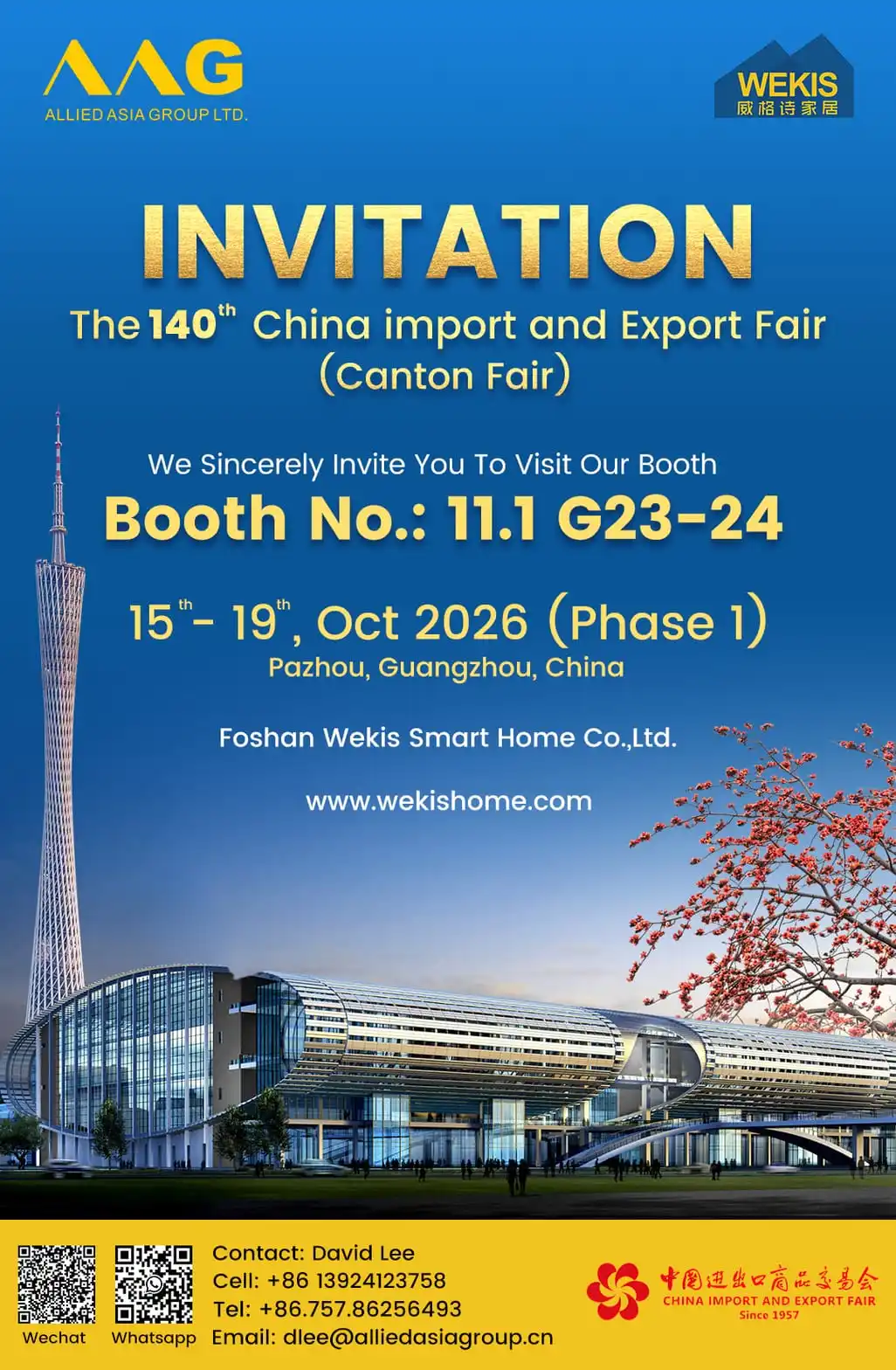 Carte d'invitation pour la 140e Foire de Canton indiquant le stand Wekis 11.1 G23-24 et les détails de l'événement