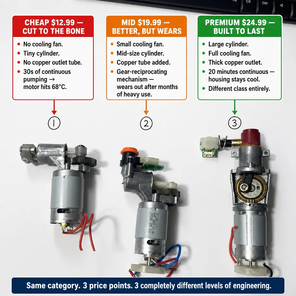 Car air pump teardown comparison — three price points, three levels of engineering