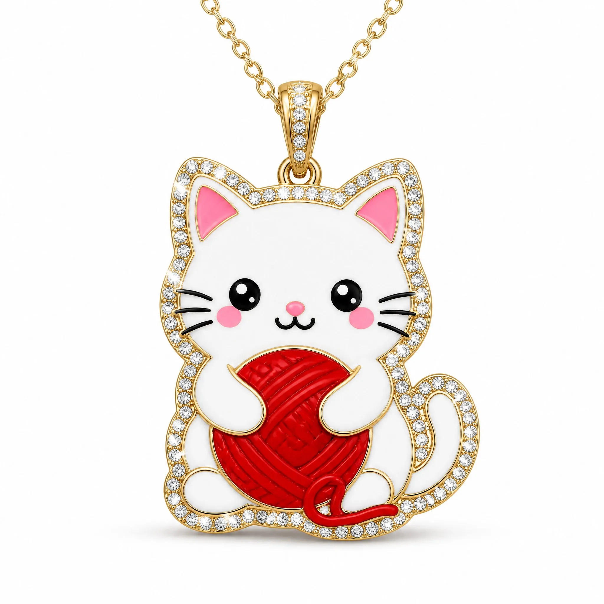 Custom crystal cat pendant necklace white cat with red yarn ball on white background
