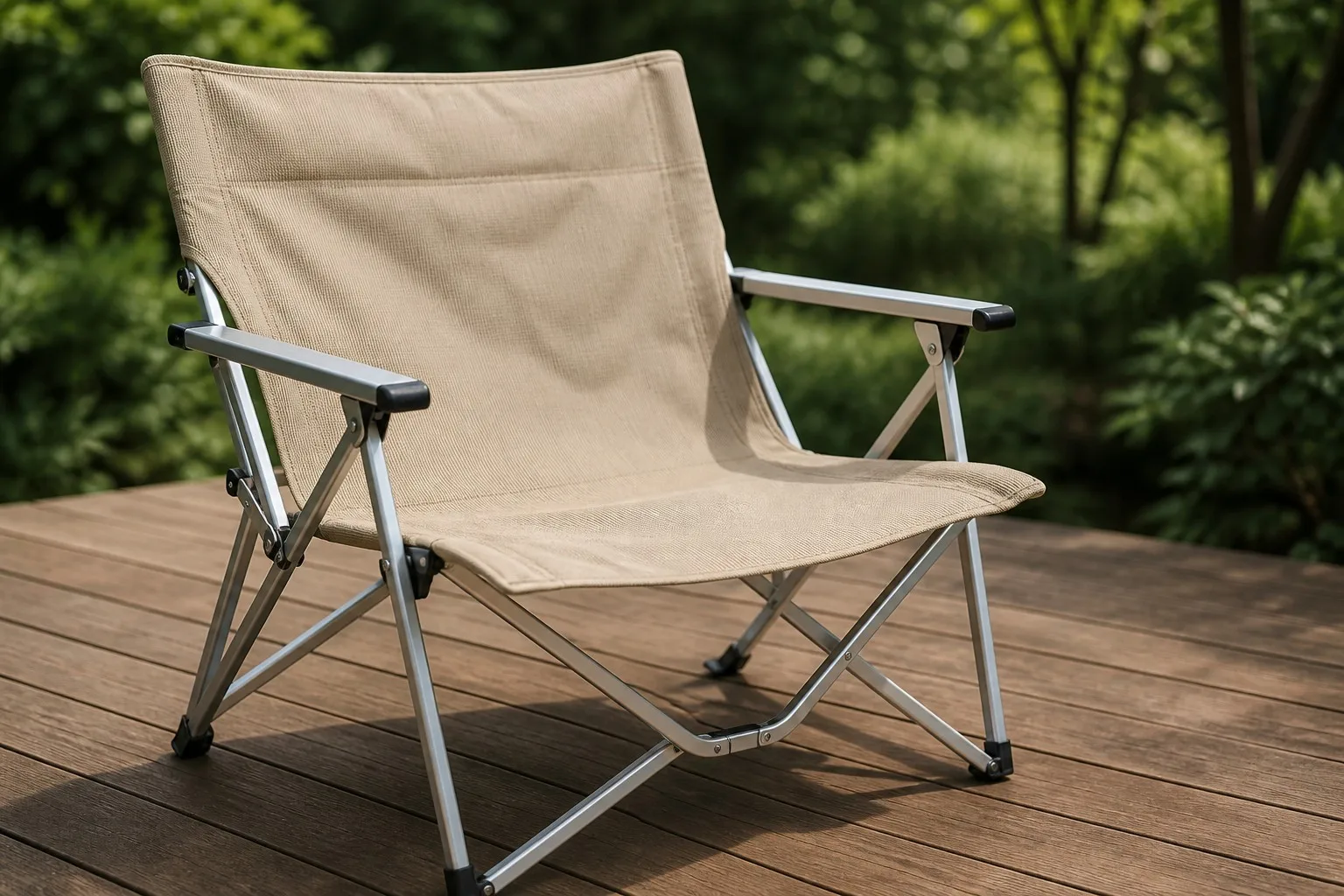 Sand-colour oxford folding camping chair with aluminium frame on a wooden deck, weave detail visible