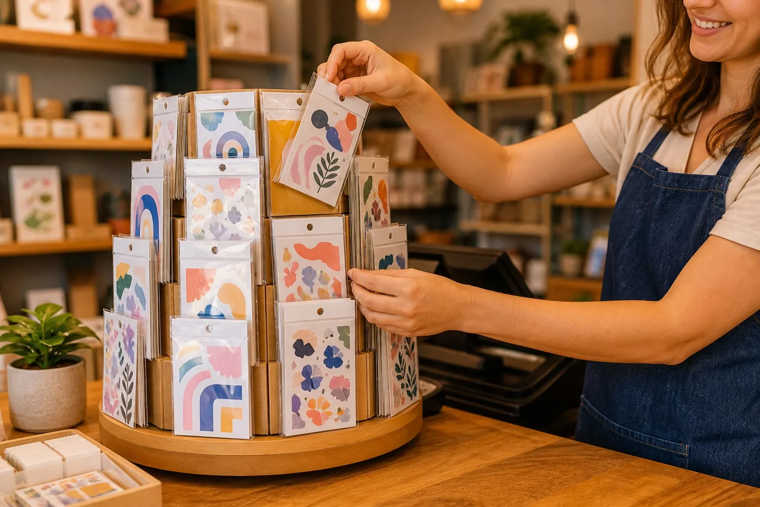 Selling sticker packs retail store countertop spinner rack checkout