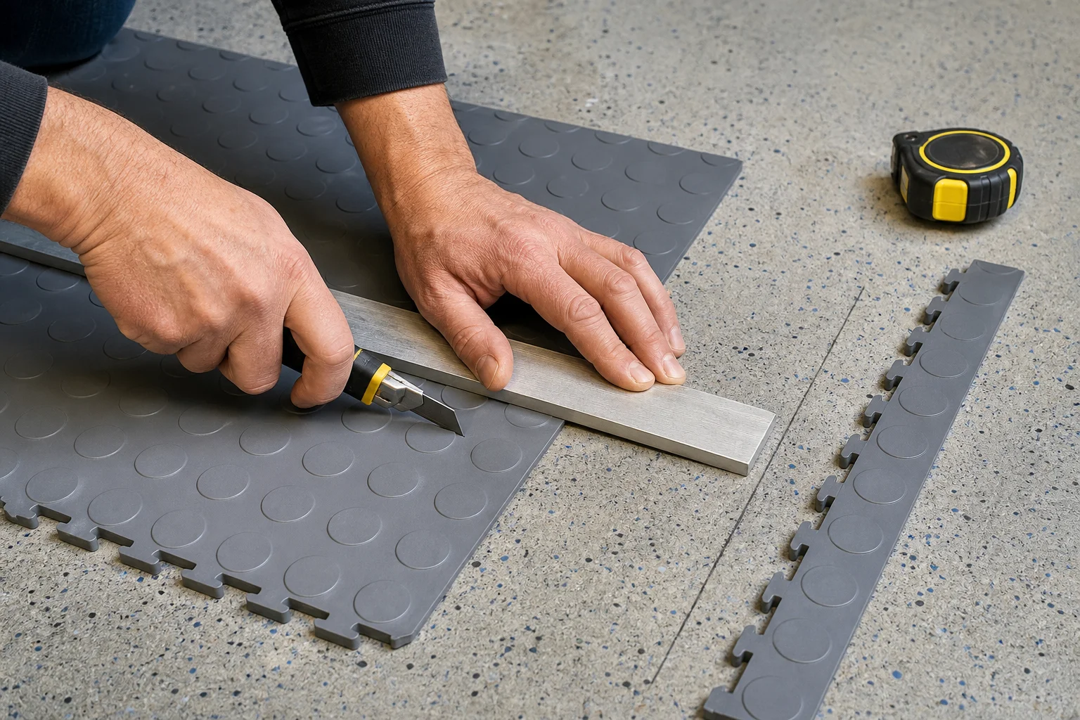 Cutting an interlocking garage floor tile with a utility knife and straight edge