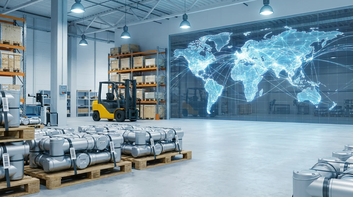 Silver robot joint modules on shipping pallets with logistics labels in a warehouse, global supply chain network visualization overlay
