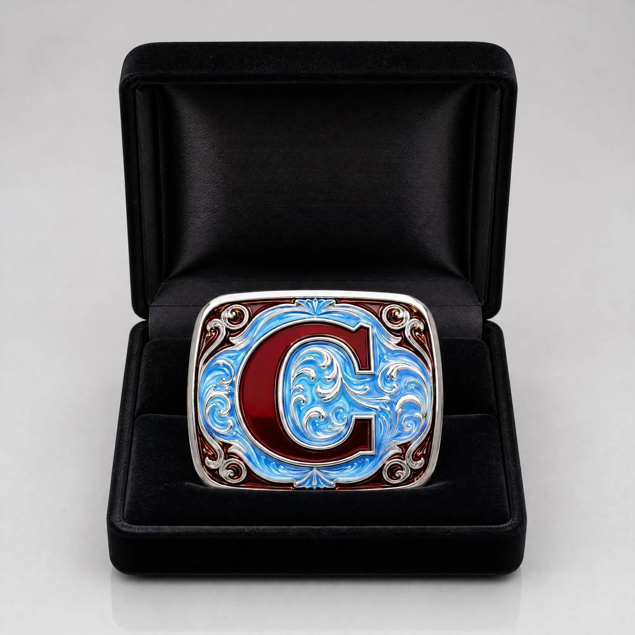 Initial letter belt buckle in velvet gift box packaging