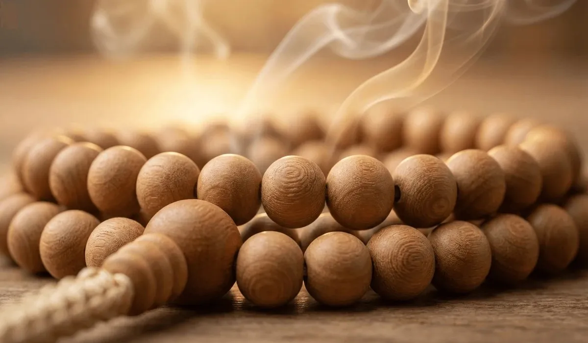 HD macro photography of 108 sandalwood mala beads