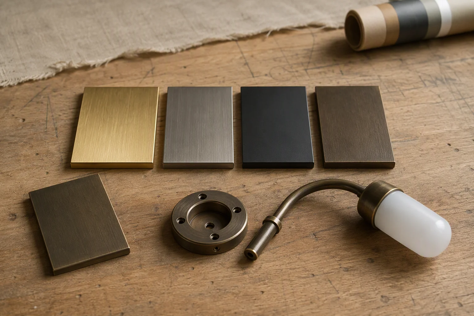 Finish sample plates, a machined bracket and a wall light arm laid out on a workshop bench