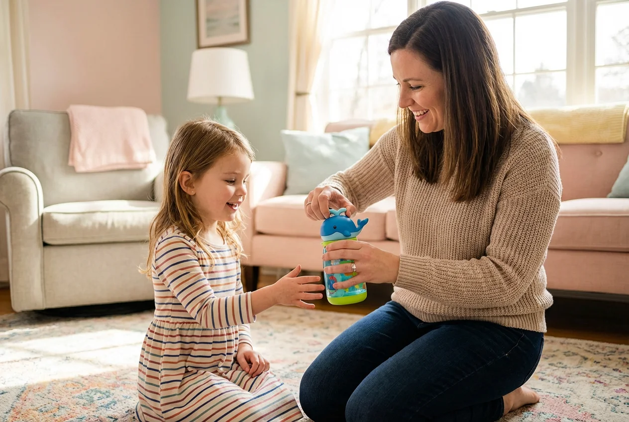 Mother and daughter exploring interchangeable COMO Pod character caps together - COMOBEBE bonding moment