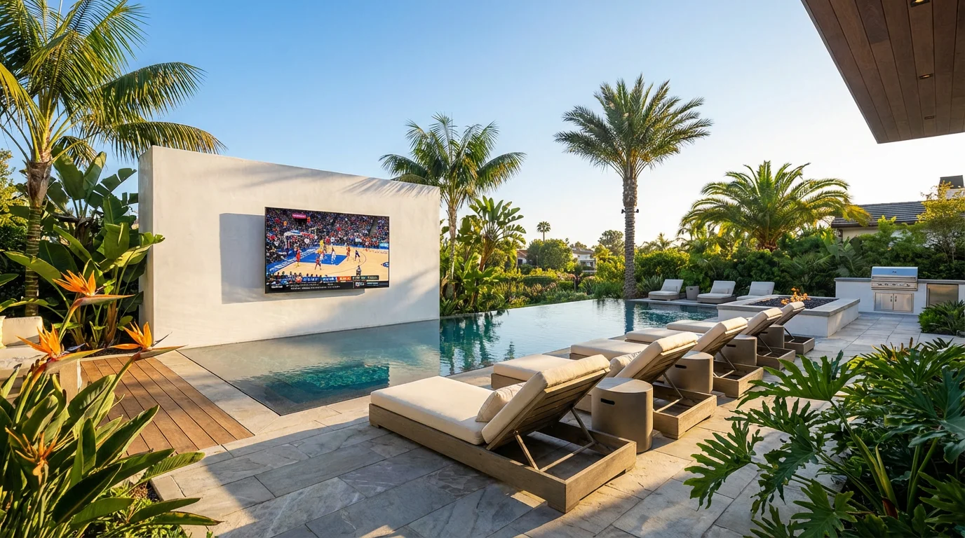 Outdoor TV mounted beside a residential pool in direct afternoon sunlight