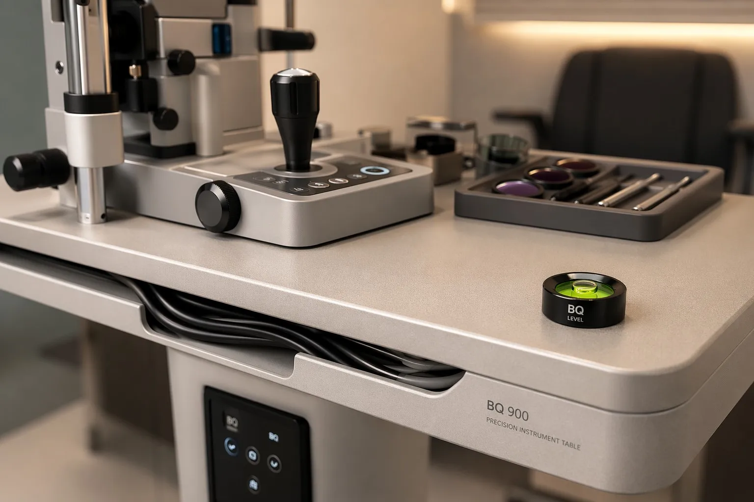 Close-up of premium ophthalmic table with clean cable management and bubble level