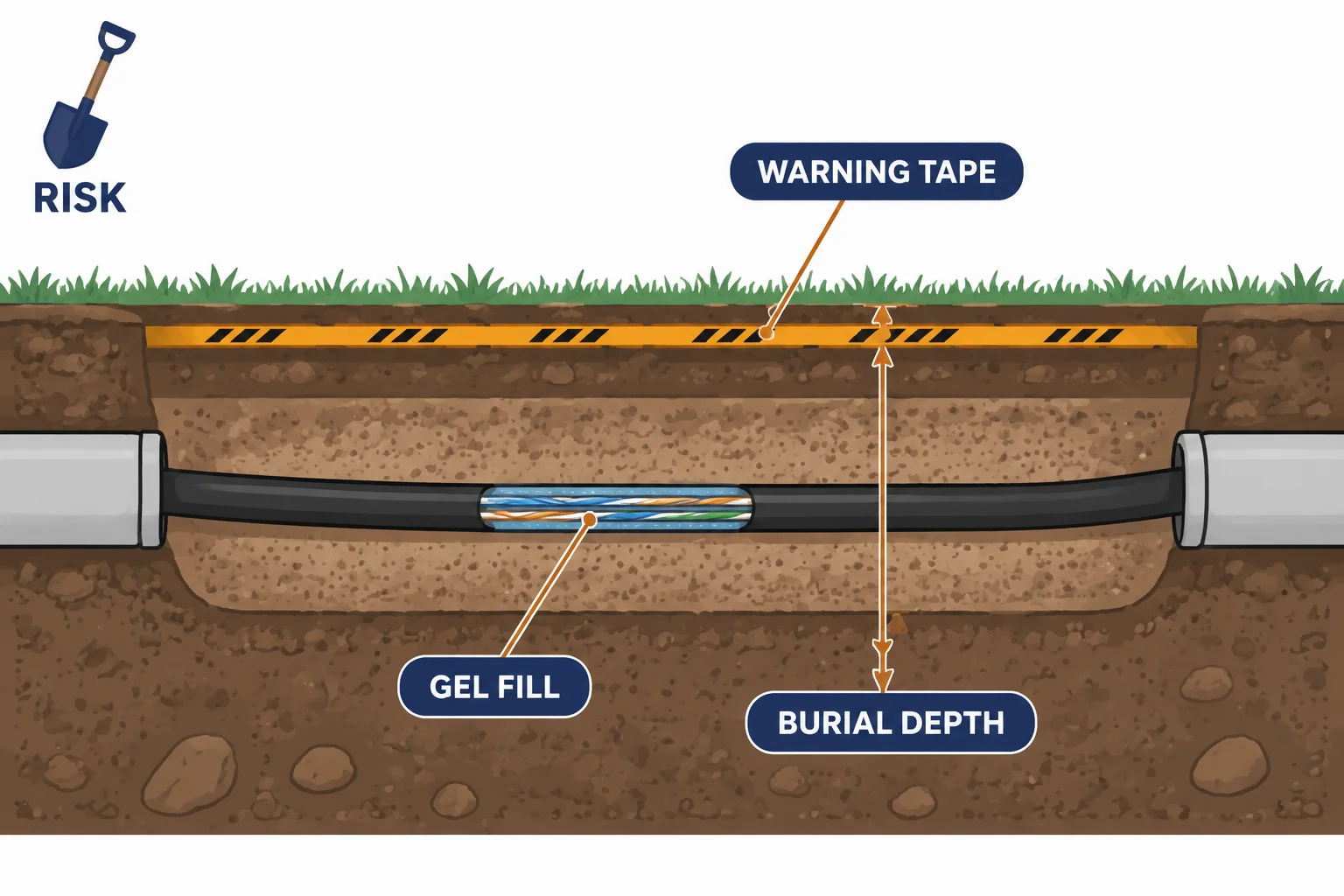 Direct burial ethernet cable in a ground cross-section with warning tape and conduit entries