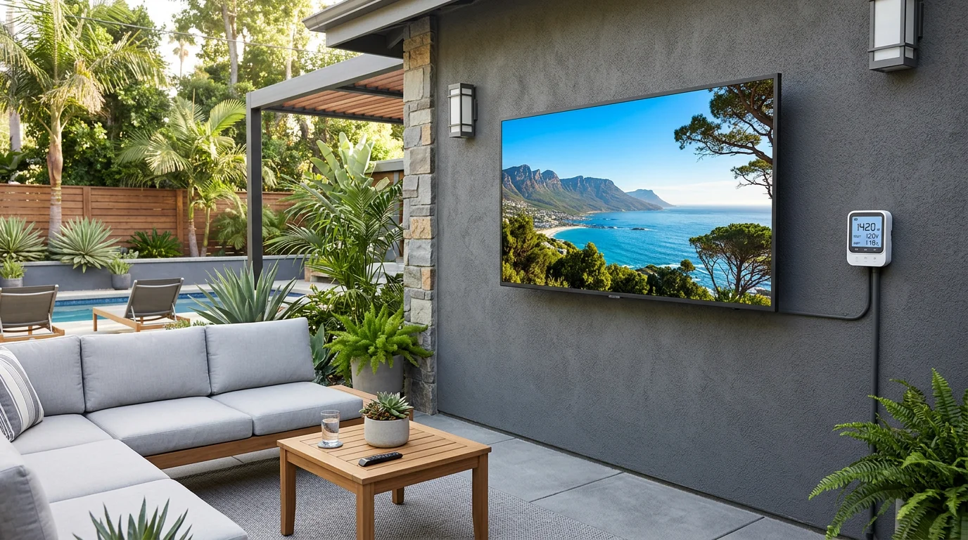 Outdoor TV on patio with electricity usage monitor