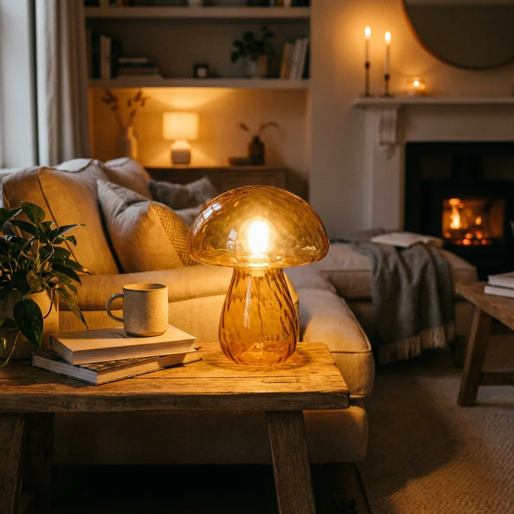Lampe champignon ambrée allumée sur un guéridon dans une ambiance de soir tamisée