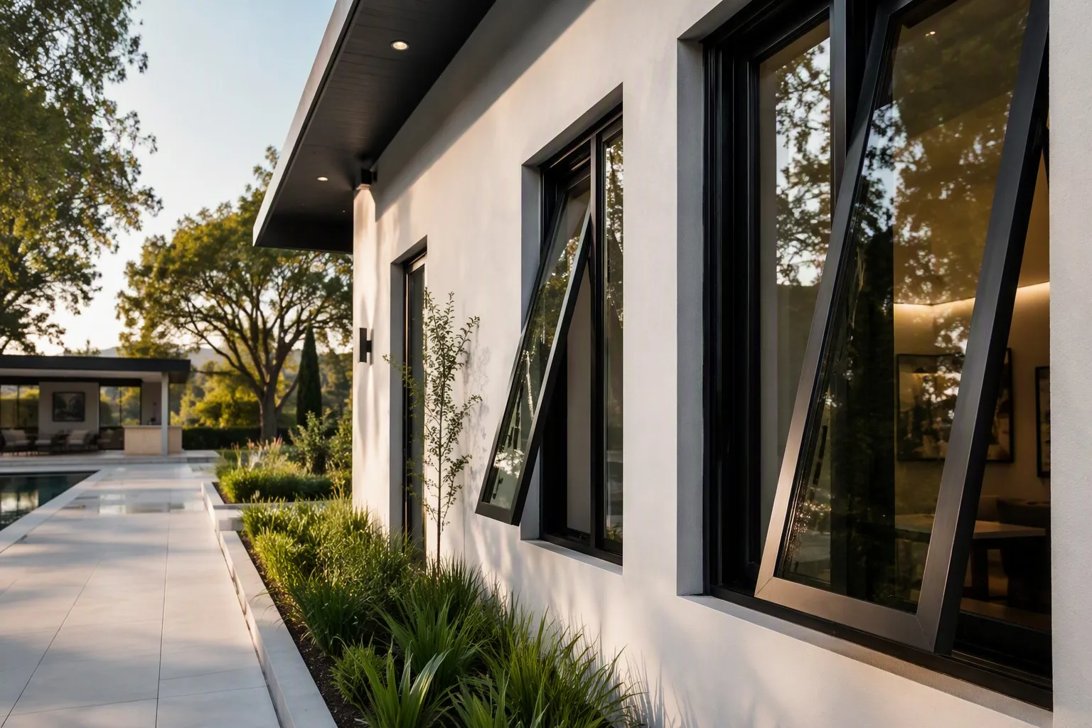 Luxury modern villa exterior with black aluminum awning windows open for ventilation