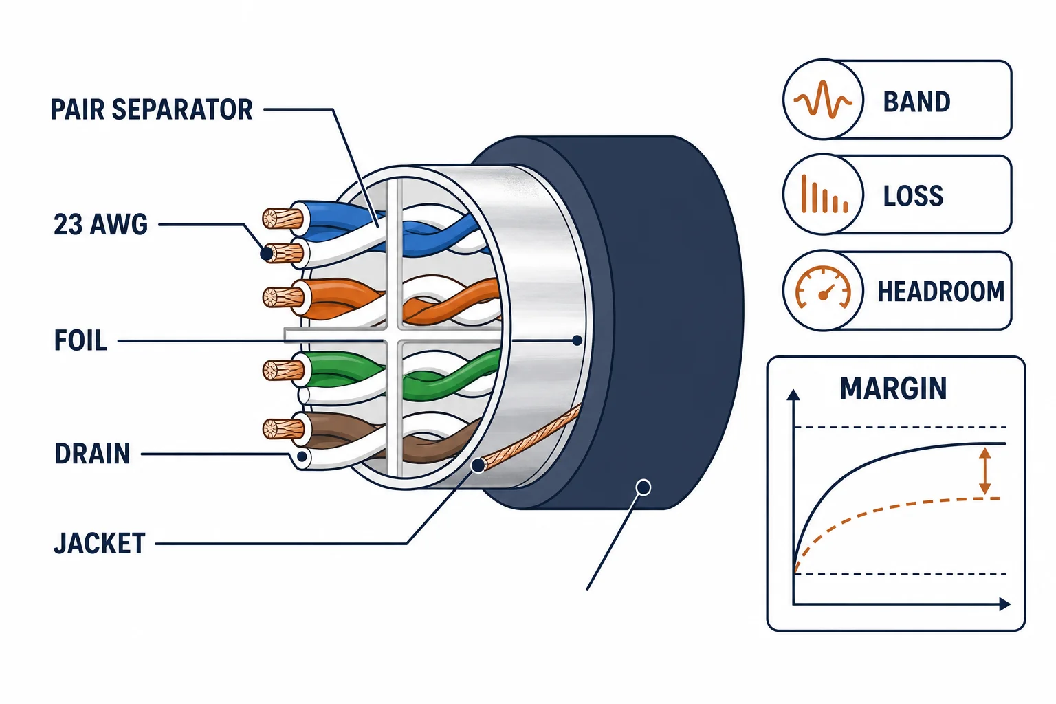 High performance network cable cross-section with separator, foil, drain and 23 AWG labels