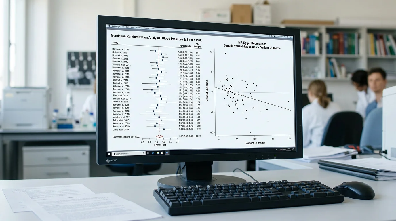 Monitor displaying Mendelian Randomization forest and scatter plots