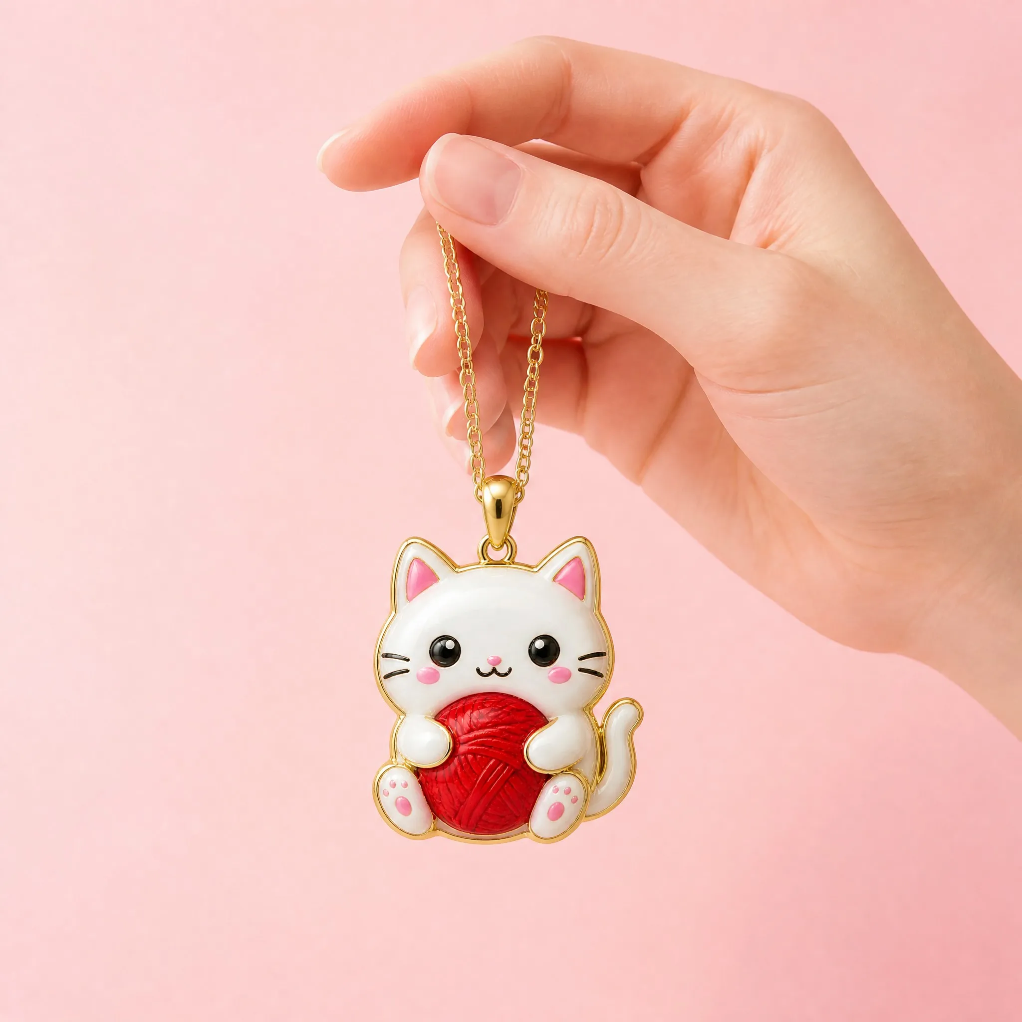 Hand holding the cat pendant necklace with pink background